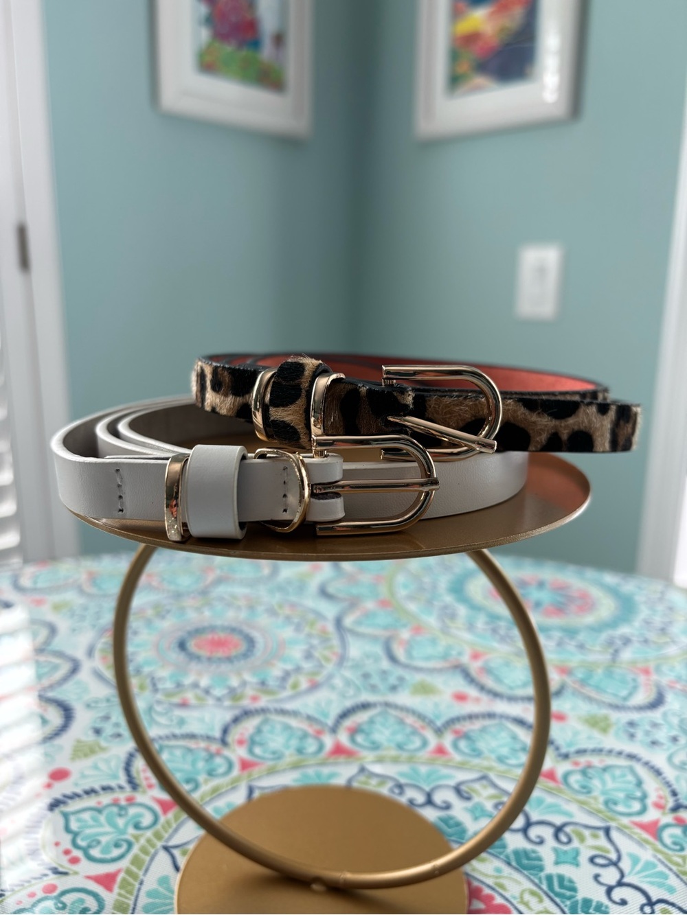 Women’s Skinny Belt Duo — White and Leopard Print